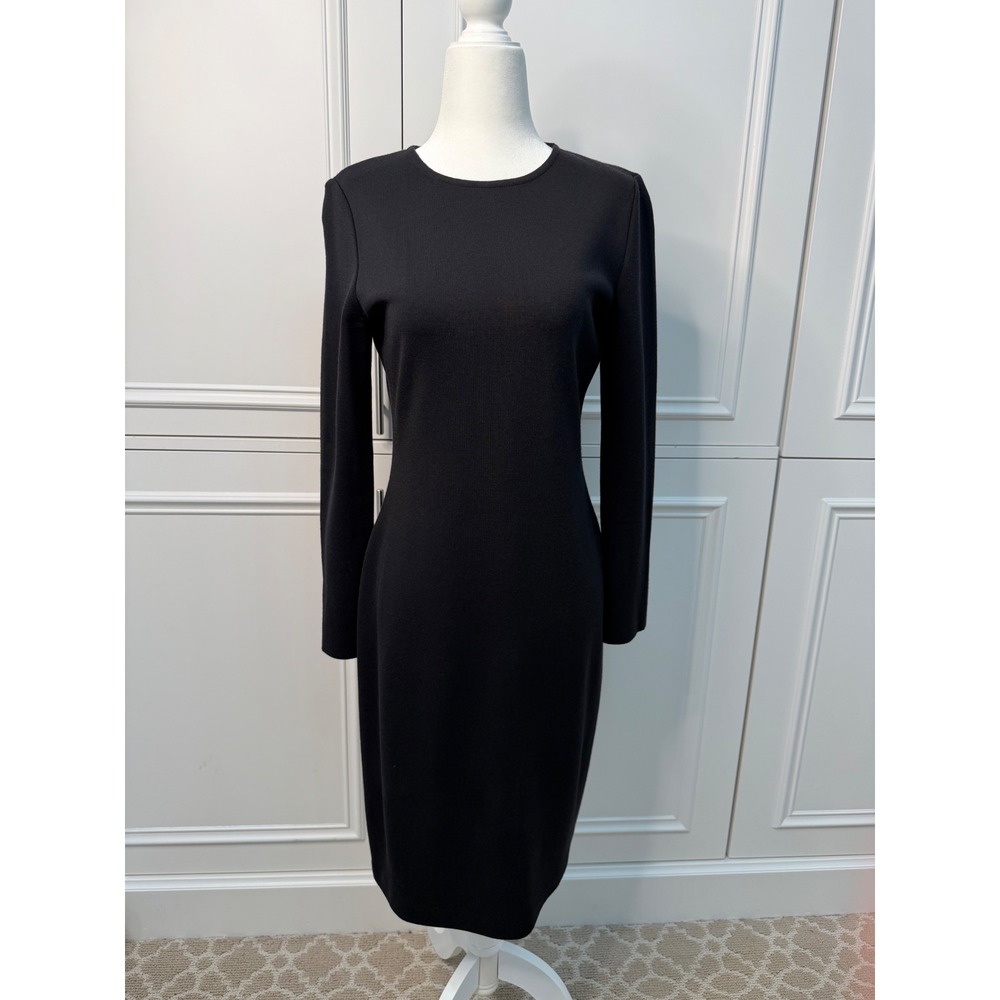 St. John Knit Sheath Dress Women 4 Black Excellent Long Sleeve Crew Neck Slim